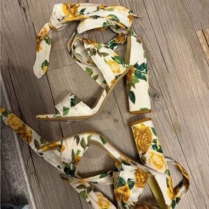 Gianni Bini Floral Wrap Heels - Cream and Yellow